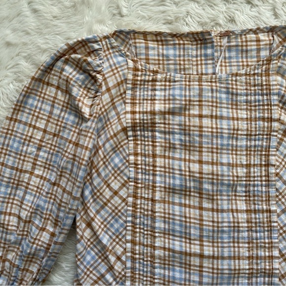 Free People Top Button Back Puff Sleeve Plaid Tan Blue S - Picture 5 of 10